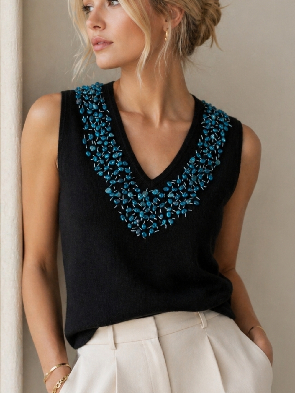 Double D Ranch Beaded Linen Knit Tank Top Turquoise Western XS